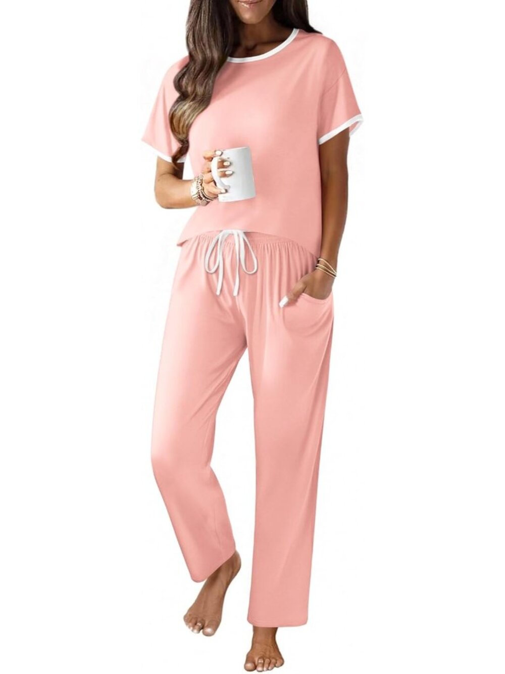 Women Light Pink Cotton Short Sleeve Shirt Soft Lounge 2 Piece Pajamas Sets